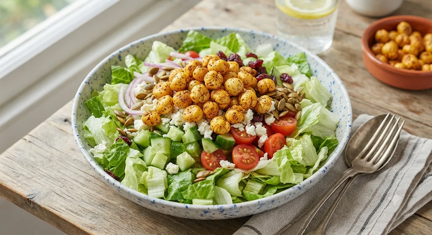 Crispy Spiced Makhana and Green Lettuce Salad with Feta and Sunflower Seeds